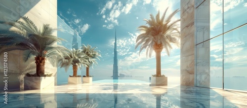 Luxurious beachfront mansion with glistening swimming pool surrounded by swaying palm trees set against a backdrop of azure sky and fluffy white clouds