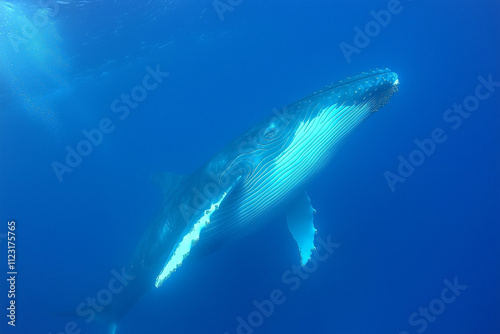 Large whale with double exposure to the Mediterranean's crystal-clear waters, featuring schools of fish. Bright lighting. Deep sea background with copy space. photo