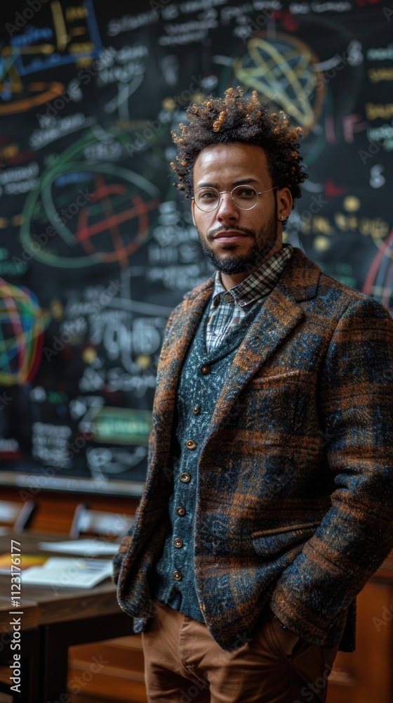 Fototapeta premium Stylish Man in Plaid Jacket Smartboard Background Education Concept
