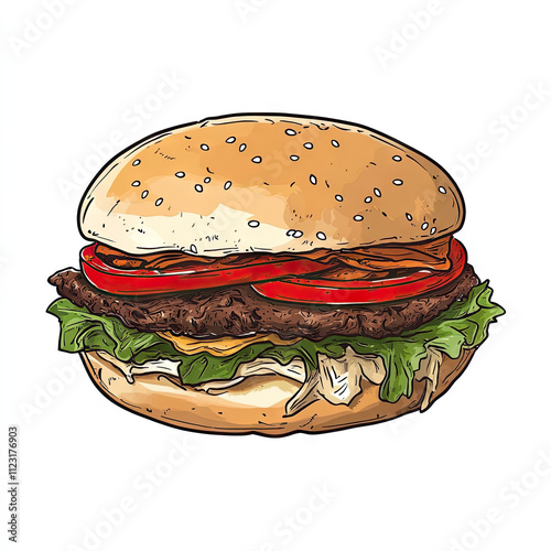 A hand-drawn illustration of an American cheeseburger, in a cartoon style vector illustration 
