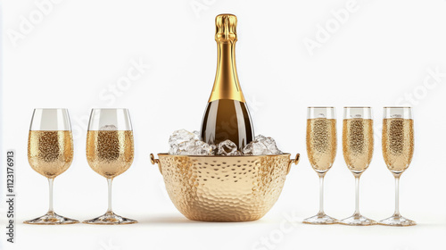 High-quality image of a champagne bottle and glasses in an ice bucket photo