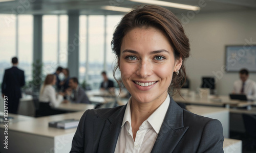 Confident businesswoman with radiant smile in modern corporate office. Professional portrait showcases successful female executive in tailored suit against panoramic city background. Free Download Confident businesswoman with radiant smile in modern corporate office. Professional portrait showcases successful female executive in tailored suit against panoramic city background. - GFXLoad