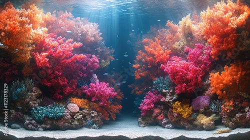 Vibrant coral reef aquarium scene, showcasing diverse coral formations in various shades of red, orange, and pink, with subtle underwater light beams illuminating the colorful ecosystem. photo