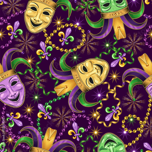 Seamless Mardi Gras pattern with comedy mask in jester hat, interlaced strings of beads, streamer ribbons, Fleur de Lis sign, stars. Randomly scattered objects. Festive holiday design. Vintage style