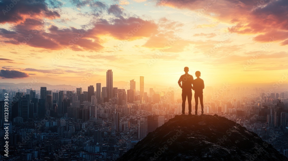 Fototapeta premium Silhouette of Two People at Sunset Overlooking a Cityscape