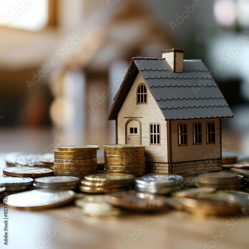 Miniature House Surrounded by Stacked Coins