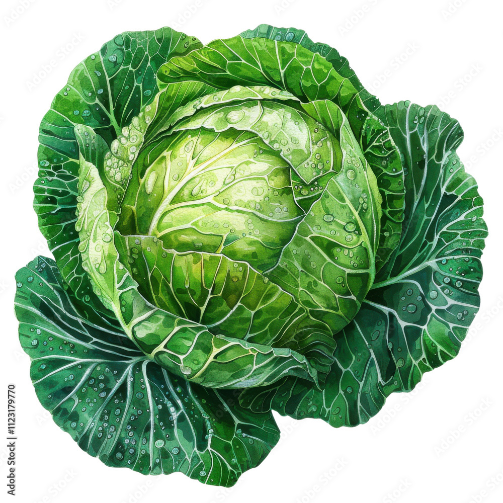 Fototapeta premium Fresh, vibrant green cabbage with detailed leaves and a textured surface, isolated on a white background, perfect for healthy food visuals.