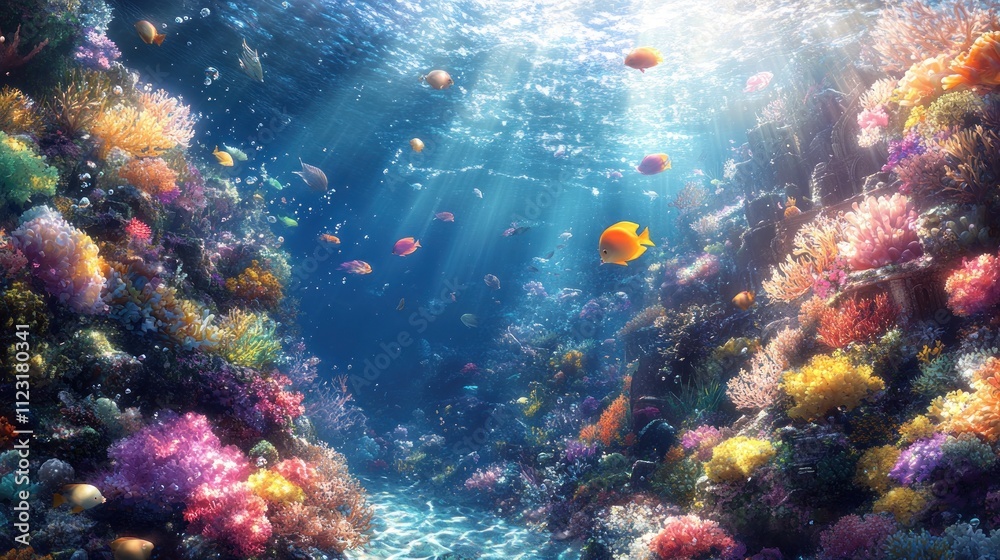 Fototapeta premium Vibrant coral reef teeming with colorful fish and sunlight.