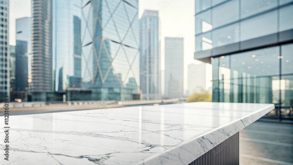 Fototapeta premium Marble Tabletop with Blurred Modern Cityscape Background