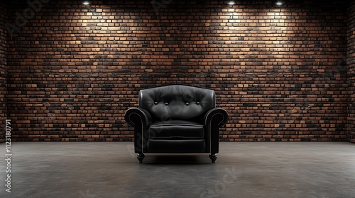 Black Leather Armchair in a Brick-Walled Room - 3D Render AI Generated photo