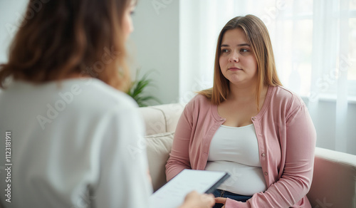 plump young woman in a pink jacket and white T-shirt, appointment with a psychologist or doctor