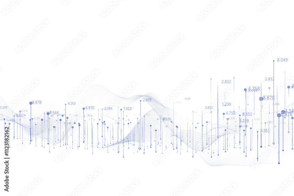 Naklejka premium Abstract data visualization featuring numeric points, lines, and wavy graphics on a white background, concept of data analysis and technology. 3D Rendering.