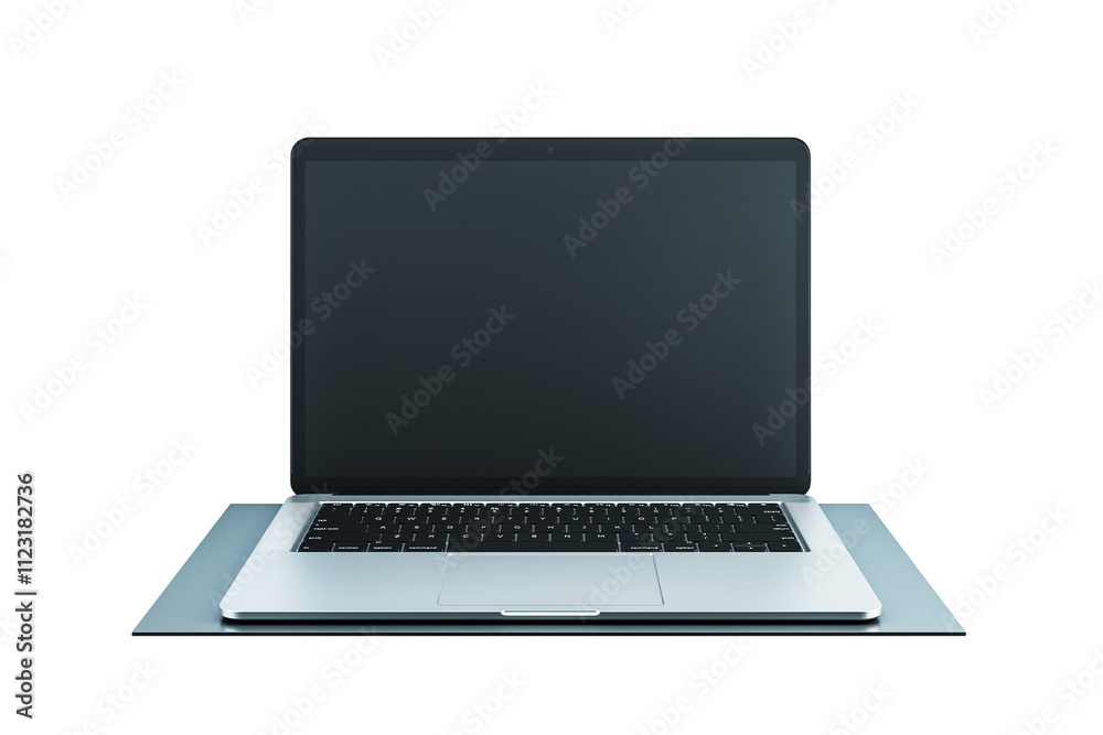Front view of a sleek modern laptop with a blank screen, isolated on a clean white backdrop. Ideal for layouts, templates, or design concepts. 3D Rendering. Front view of a sleek modern laptop with a blank screen, isolated on a clean white backdrop. Ideal for layouts, templates, or design concepts. 3D Rendering.