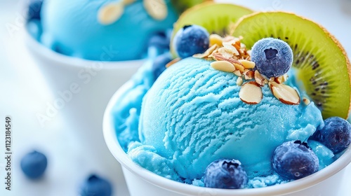 A close-up of blue ice cream topped with fruits and nuts in a bowl. photo