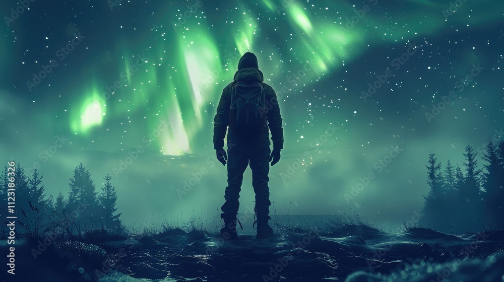 Rear view. Silhouette of one guy with backpack against the background of the green northern lights, Aurora Borealis. Rear view. Silhouette of one guy with backpack against the background of the green northern lights, Aurora Borealis.