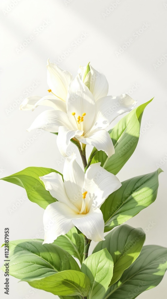 Fototapeta premium Beautiful vanilla flower on white background with green leaves, beauty treatment, minimalist