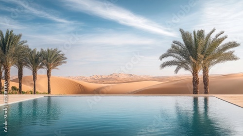 A peaceful desert oasis with a crystal-clear pool of water, surrounded by date palms, and sand dunes stretching into the distance