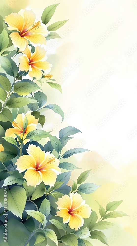 Obraz premium Beautiful watercolor illustration of yellow hibiscus flowers and green tropical foliage, green tropical leaves, art, nature