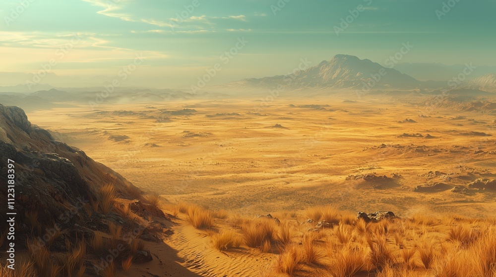 Naklejka premium Serene Desert Landscape with Golden Sands and Distant Mountains