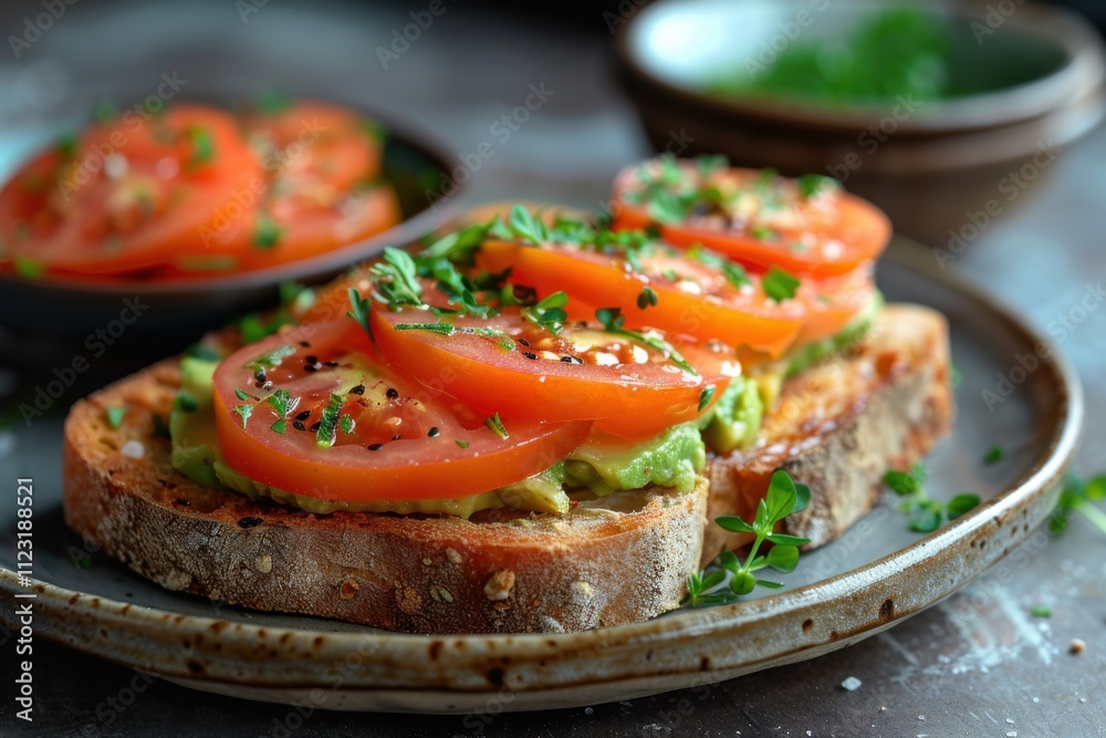 Fresh Avocado and Tomato Tartine on Modern Plate Fresh Avocado and Tomato Tartine on Modern Plate