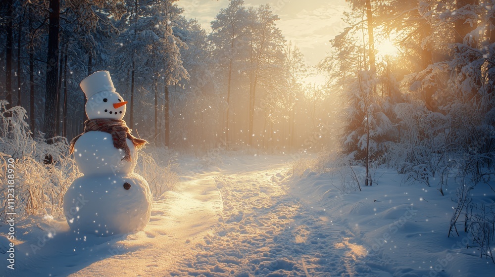 Fototapeta premium Snowman in Winter Forest with Sunlight and Snowfall at Dusk