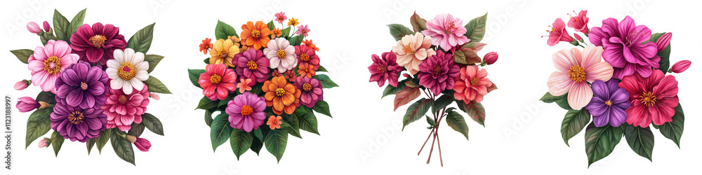 Obraz premium Vibrant and Colorful Fuchsia and Zinnia Flower Bouquet in Bold Garden Display Lush Vivid Floral Arrangement with Pink Purple and Orange Blooms and Green Foliage