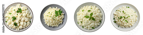 Closeup of a plate or bowl filled with healthy and nutritious cauliflower rice a low carb gluten free and plant based side dish or meal option garnished with fresh herbs photo