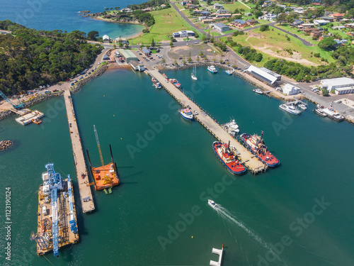 Aerial view of boats and cranes alongside long piers in a coastal harbor photo