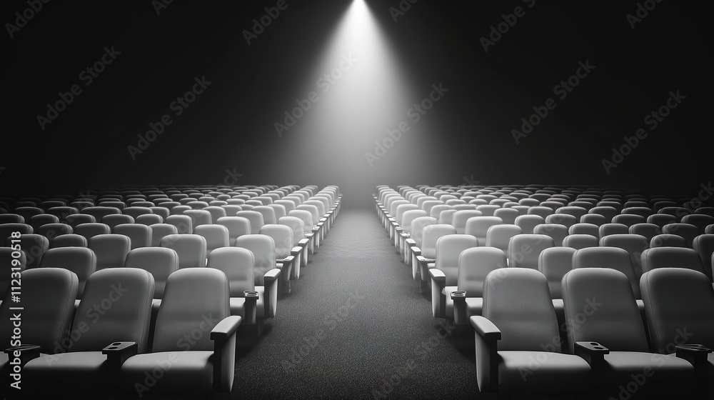 Obraz premium Empty movie theater with spotlight casting a solitary beam on the stage, symbolizing the power of imagination and the potential for new beginnings in a quiet, reflective space.