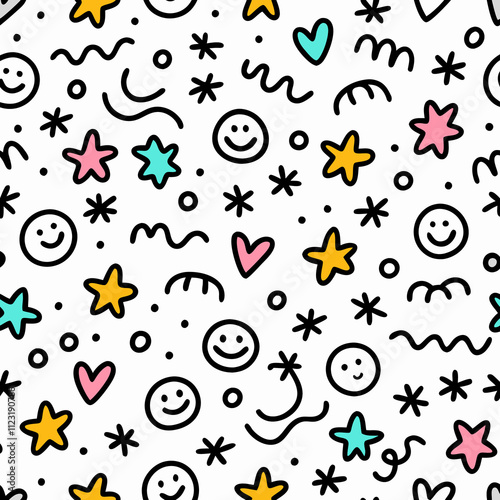 Seamless pattern with hand-drawn smiley faces, stars, hearts, and wavy lines on white background.