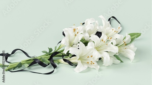 Black ribbon on white lilies with mint background, remembrance service, somber decoration, mourning flowers, funeral bouquet