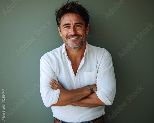 portrait of a person charming 45-year-old man with short black hair, wearing a casual white shirt and jeans, smiling warmly on a muted green background.