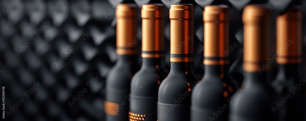 Obraz premium Elegant Close-up of Bottles with Unique Black and Orange Design Resting in Wine Rack Background