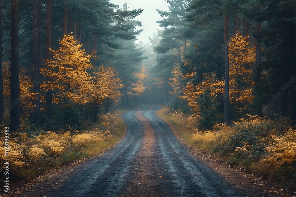 Fototapeta premium A beautiful view of the forest path surrounded by tall trees through a hole in late summer 