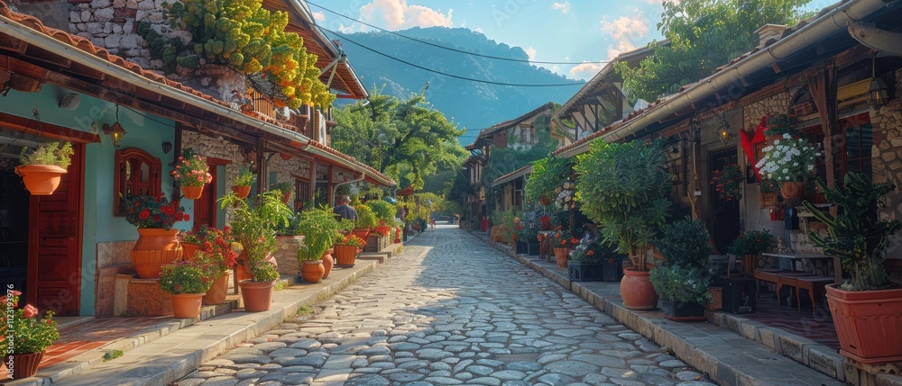 Fototapeta premium Picturesque Albanian Stone Street Cobblestone Road Flower Pots Mountain View Travel