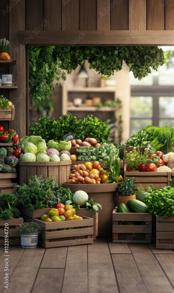 Obraz premium Fresh Organic Produce Display in Market Stall with Wooden Crates and Abundant Vegetables and Herbs