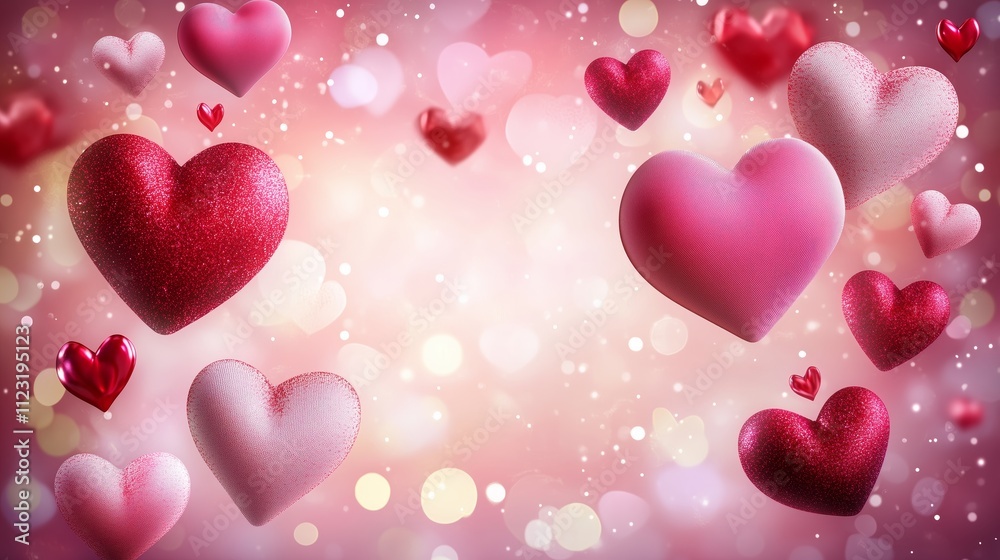 A background of pink and red hearts with bokeh lights, creating a Valentine's Day atmosphere.