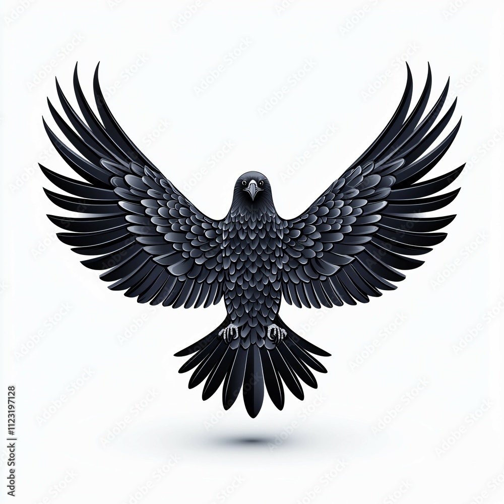 Obraz premium A stylized black bird with expansive wings, featuring intricate feather detailing, poised in flight against a clean background.