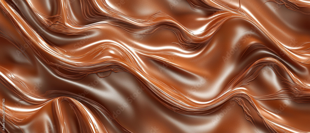 Smooth, flowing chocolate texture with rich, glossy waves and intricate details. surface reflects light beautifully, creating luxurious appearance Smooth, flowing chocolate texture with rich, glossy waves and intricate details. surface reflects light beautifully, creating luxurious appearance