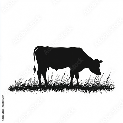 A silhouette of a cow grazing in tall grass, evoking a peaceful rural scene.