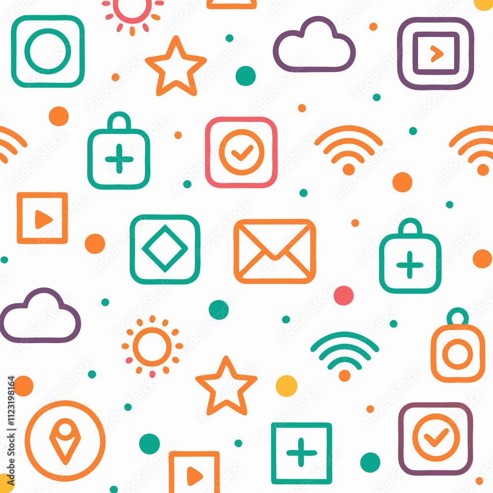 Colorful seamless pattern with various social media and technology icons.