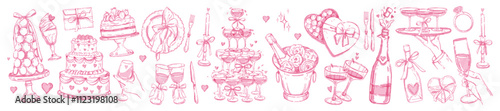 Wedding food beverage hand drawn set, vector watercolor doodle romantic anniversary celebration. Champagne tower wineglass, macaroon cake, whimsical love invitation design. Wedding beverage party kit