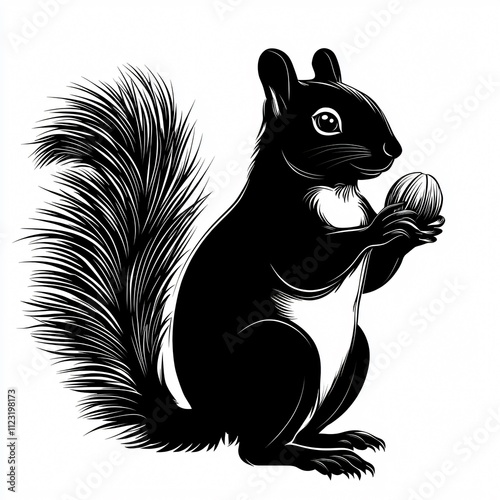 A stylized illustration of a squirrel holding an acorn, featuring intricate detailing and a contrasting black-and-white color scheme.
