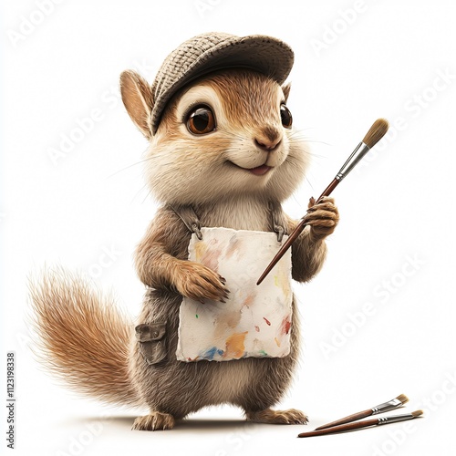 A charming squirrel dressed as an artist, holding a paintbrush and palette, ready to create colorful masterpieces.