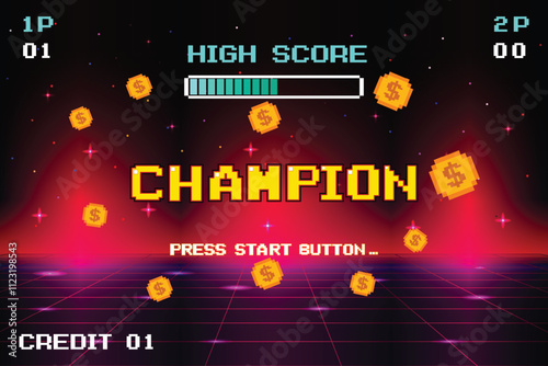 Synthwave wireframe illustration with "Champion" text. Pixel art. 8-bit game. Retro game. For game resources. Retro futuristic sci-fi background. Glowing neon grid and stars.