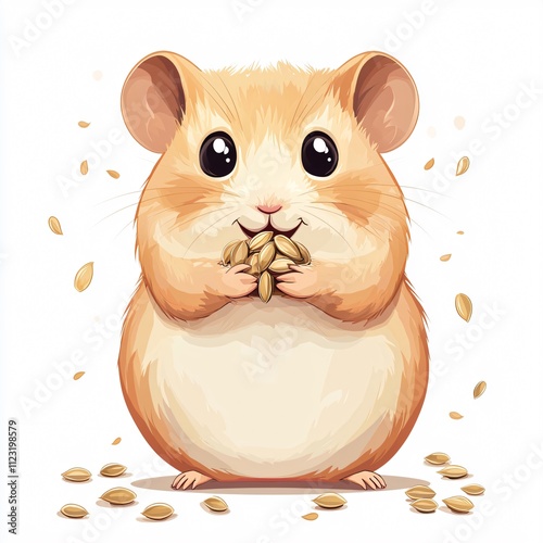 A cute cartoon hamster holding seeds, surrounded by scattered oats, with big expressive eyes and a fluffy body.