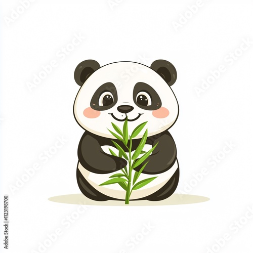 A cute cartoon panda happily holding bamboo, showcasing its playful and gentle nature in a simple, colorful design.