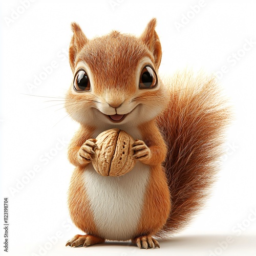 A cute cartoon squirrel holds a walnut, smiling cheerfully against a plain background, embodying playfulness and charm.