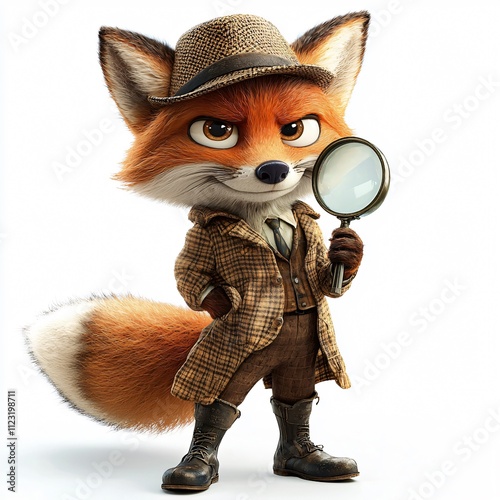 A clever fox detective holds a magnifying glass, dressed in a classic trench coat and hat, exuding charm and curiosity.