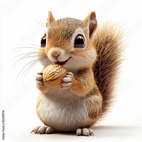 A cute, cartoonish squirrel holding a nut, showcasing its fluffy tail and bright eyes in a cheerful pose.